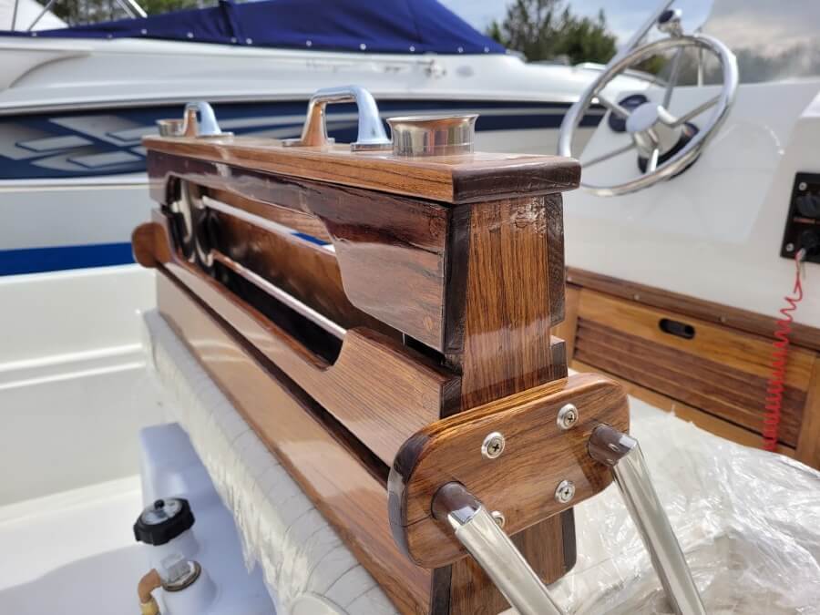 The sleek mahogany of an 11’ Whaler restored by Boston Whaler Restorations